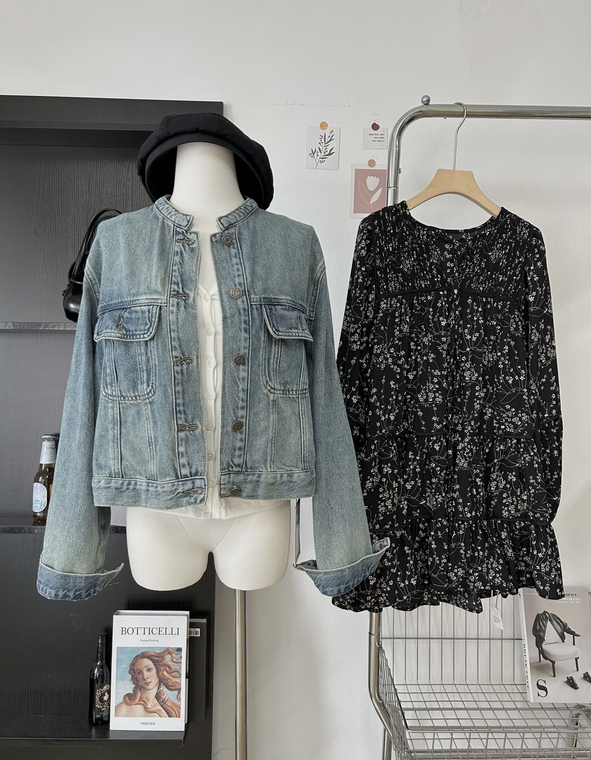 Retro Stand Collar Denim Jacket and Black Floral Dress Korean Style Loose Two Piece Set