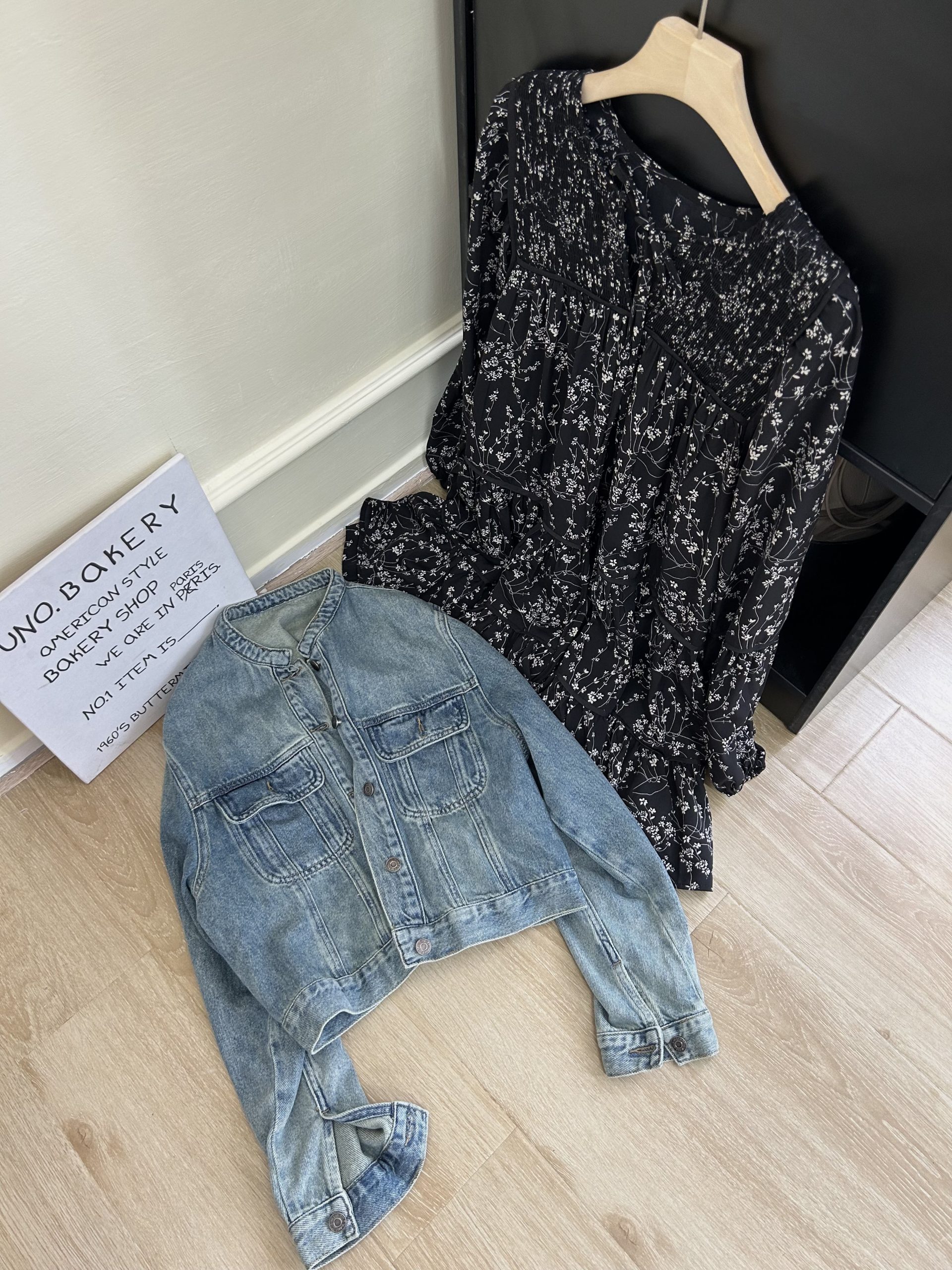 Retro Stand Collar Denim Jacket and Black Floral Dress Korean Style Loose Two Piece Set - Image 2