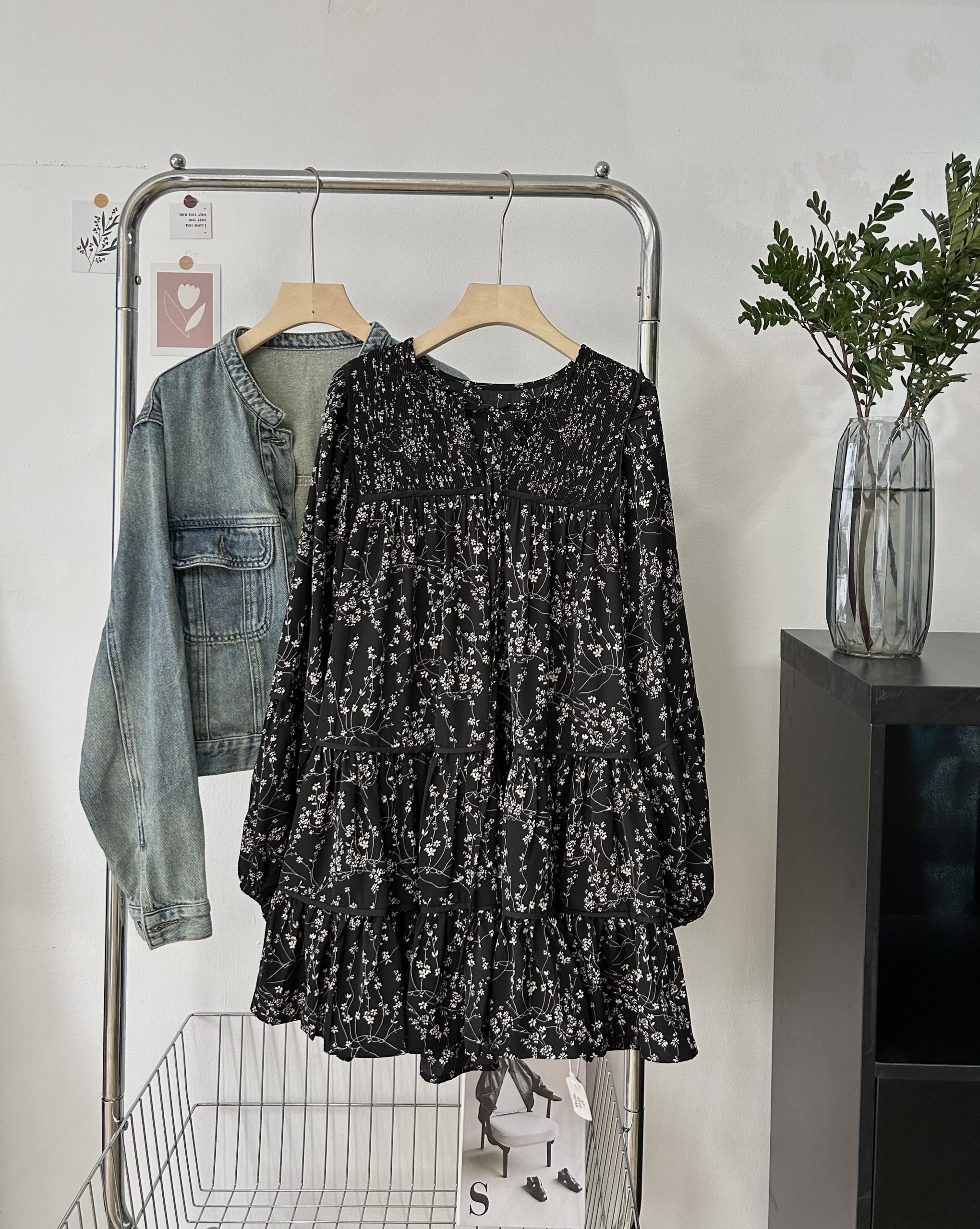Retro Stand Collar Denim Jacket and Black Floral Dress Korean Style Loose Two Piece Set - Image 3
