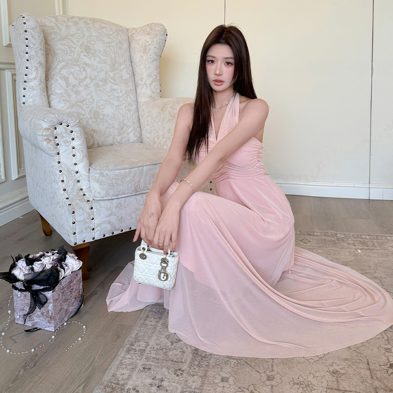 2025 Summer French Halter Neck Mesh Dress Women Solid Color Long Dress - Image 5