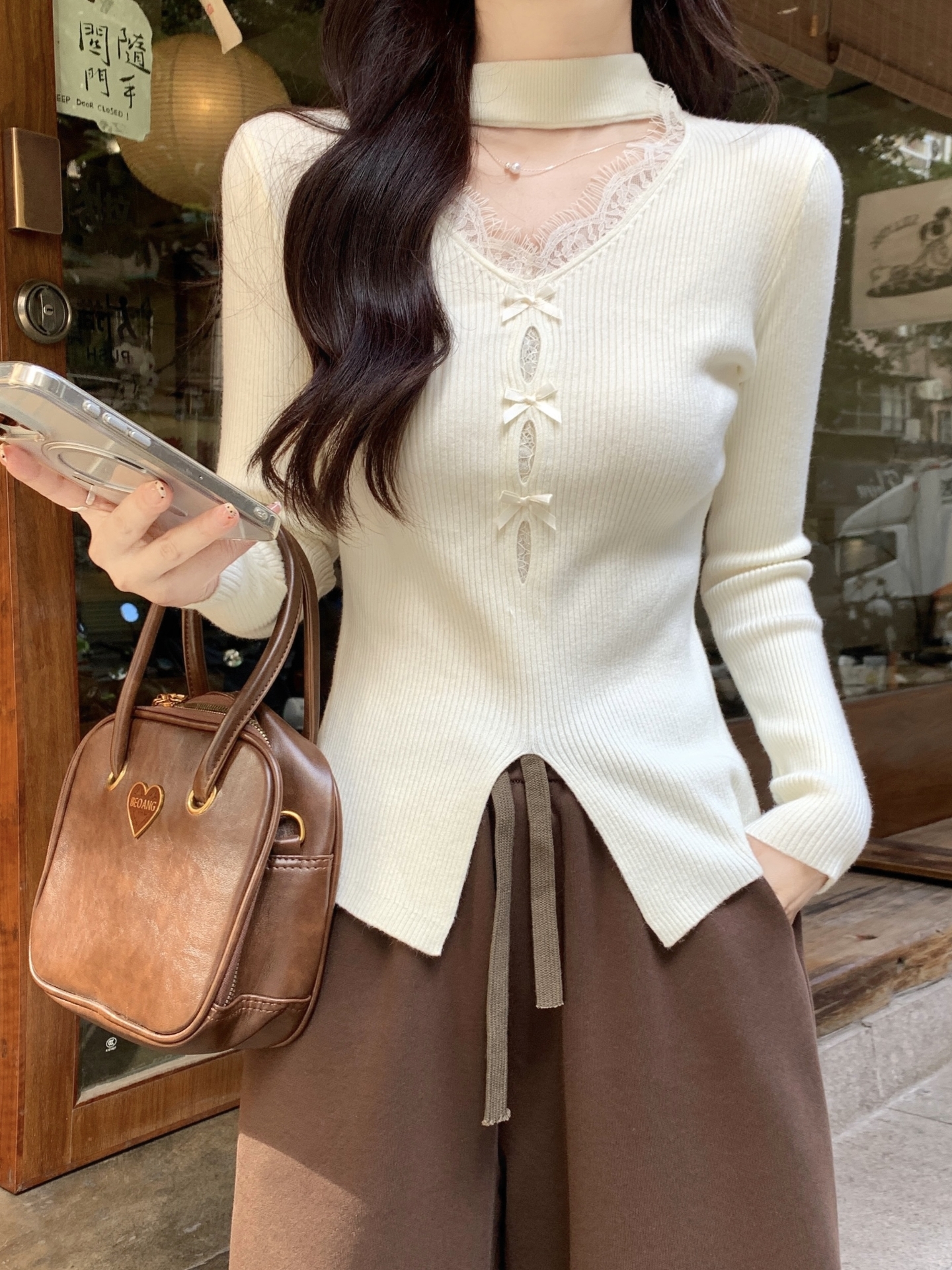 Korean Halter V-Neck Lace Knit Sweater Women Winter New Top - Image 3