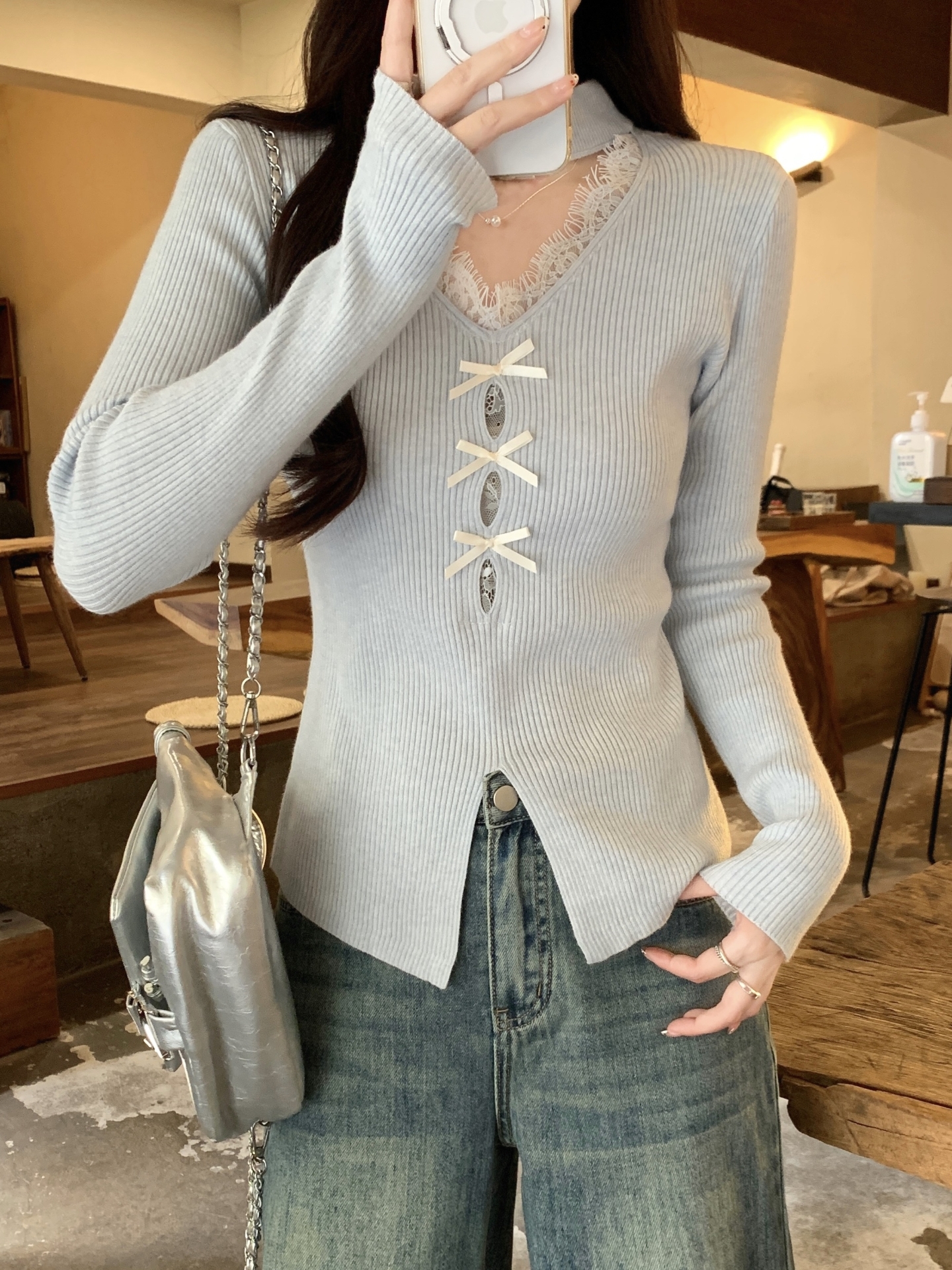 Korean Halter V-Neck Lace Knit Sweater Women Winter New Top - Image 2