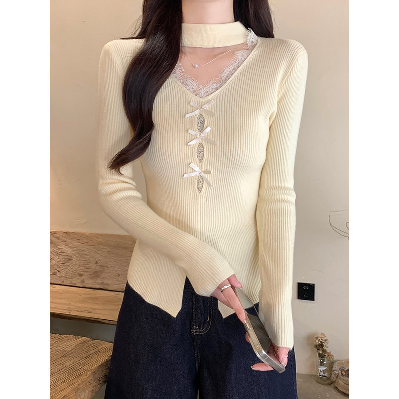 Korean Halter V-Neck Lace Knit Sweater Women Winter New Top - Image 5