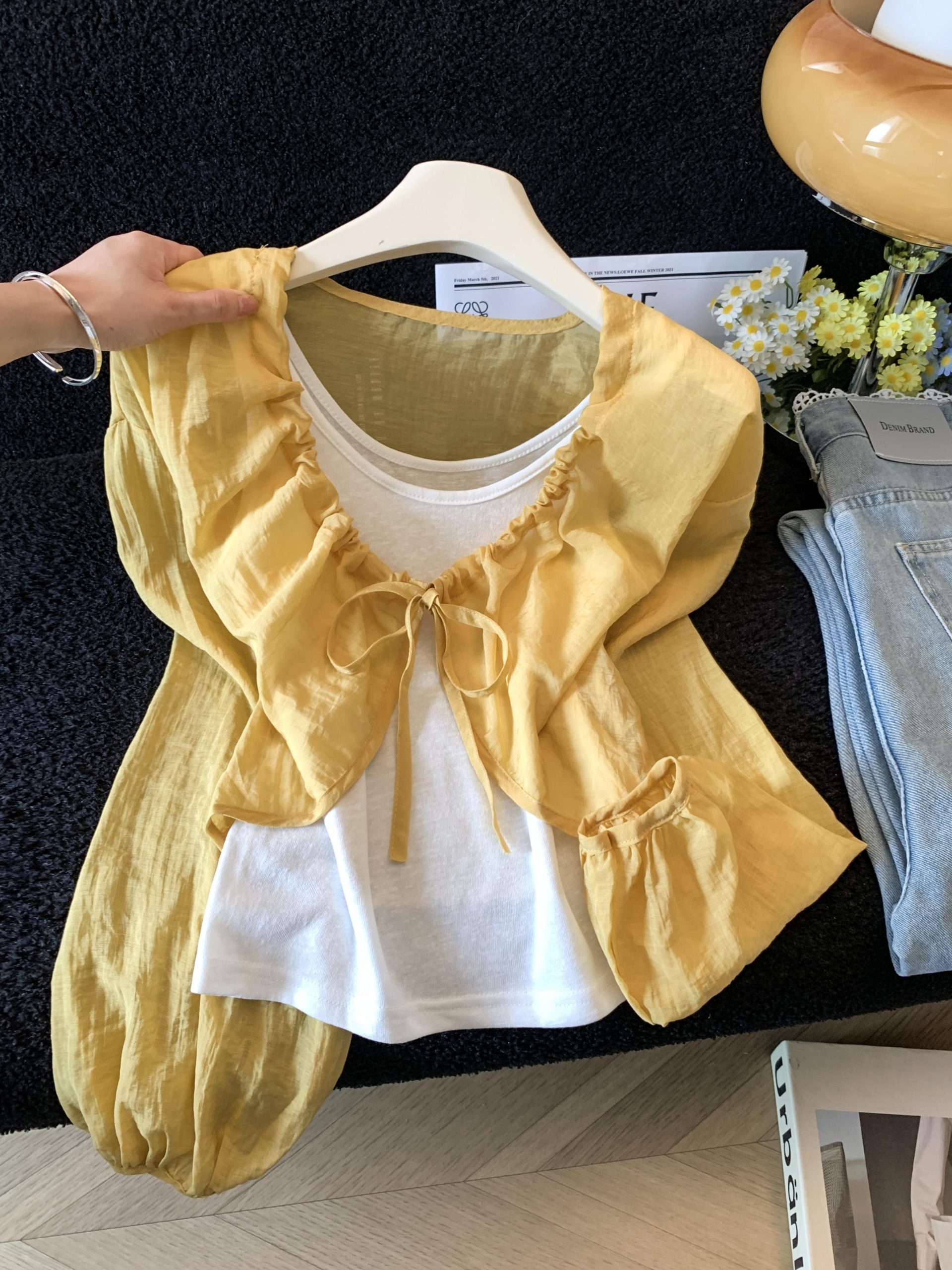 Women's Lightweight Long Sleeve Lace-Up Cardigan and Knit Vest Two-Piece Set - Image 2