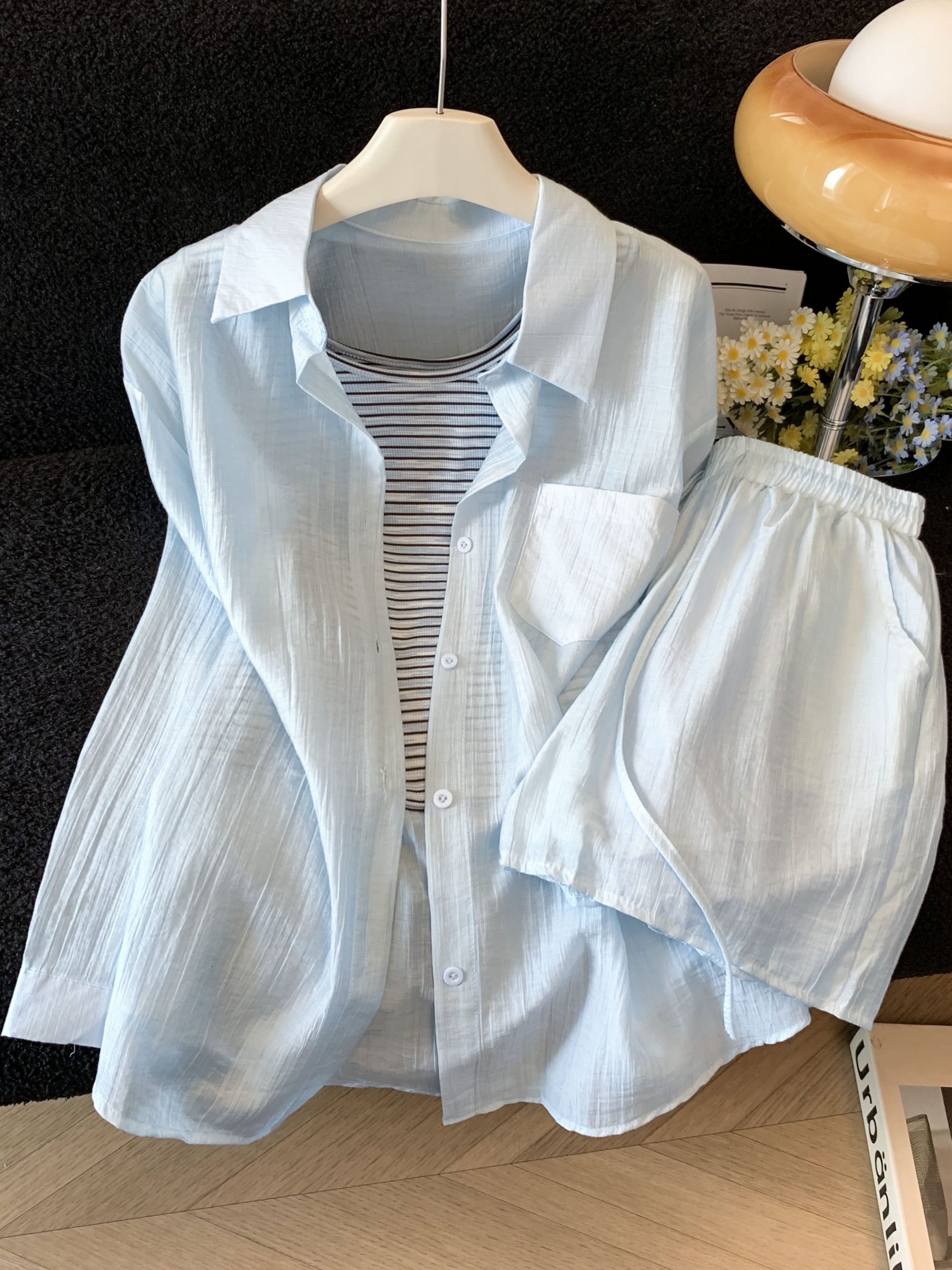 Women's 3-Piece Summer Korean Lazy Sun Protection Long Sleeve Shirt Vest Shorts Set - Style 632ef5