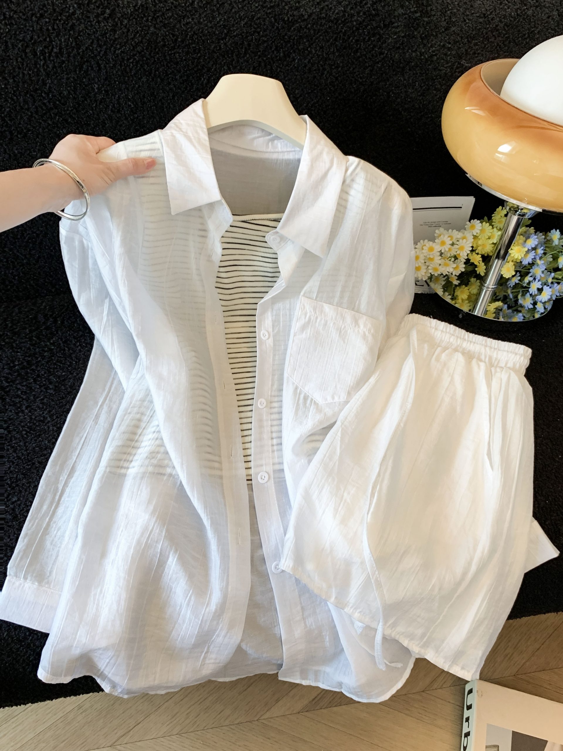 Women's 3-Piece Summer Korean Lazy Sun Protection Long Sleeve Shirt Vest Shorts Set - Style 632ef5 - Image 3